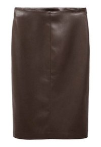 Jupe crayon en cuir brun avec une texture lisse, un design ajusté et une silhouette droite. Dotée d'une fermeture éclair dissimulée à l'arrière.