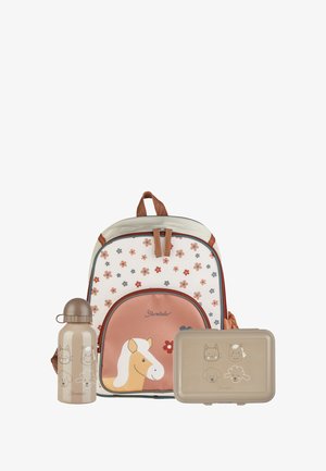 Children's backpack with floral pattern, horse illustration on front pocket, matching beige water bottle and lunchbox with animal faces.