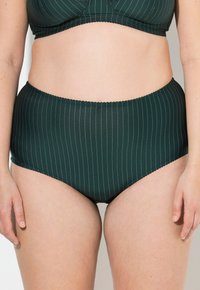 High-waisted bikini broekjes in donker groen met subtiele verticale strepen. Gladde stof met elastische tailleband en geschulpte randdetails.