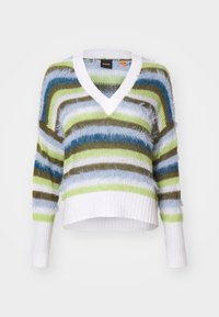 Suéter de punto con escote en V, con rayas horizontales en verde, azul y blanco. Tejido suave y texturizado, corte cropped y puños acanalados.