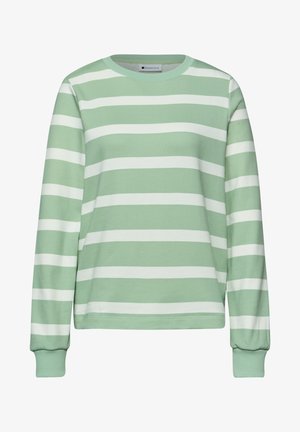 Pull à manches longues à rayures horizontales vert pastel et blanc, avec poignets côtelés et encolure ronde.