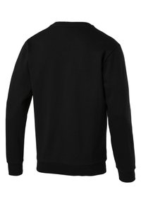 Sweatshirt noir à manches longues, avec des poignets et un ourlet côtelés, à la texture lisse, au design classique  à col rond. Aucune logo ni motif visibles.