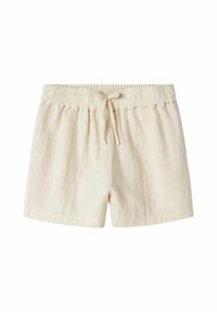 Shorts en lin de couleur beige clair avec une taille élastique et un cordon de serrage. Présentent une coupe décontractée et un matériau doux et texturé.