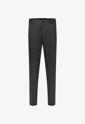 Pantaloni da uomo slim fit grigio scuro con bottone e passanti per cintura, mostrati su sfondo bianco.