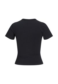 Zwart T-shirt met korte mouwen, voorzien van een aansluitend ontwerp, een naadloze ronde hals en een soepele katoenen stof. De achterkant toont een afgeronde vorm.
