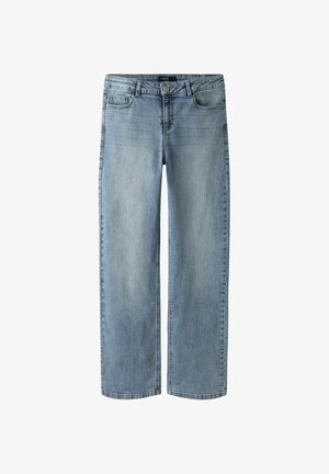 Lysvasket denimjeans med en bred bendesign, der har knaplukning, bæltestropper og for- samt baglommer. Struktureret stof.