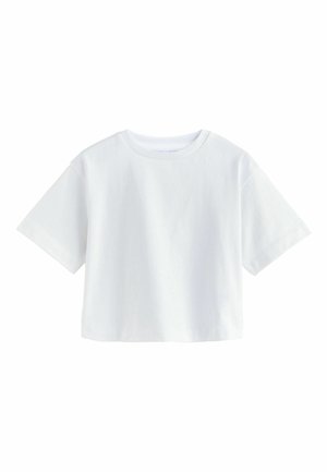 Hvid cropped t-shirt lavet af bomuld. Har korte ærmer, rund halsudskæring og en glat tekstur. Enkel og minimalistisk design.