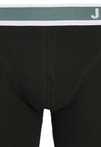 Schwarze Baumwollboxershorts mit einem elastischen Bund in Grün und Weiß, der ein Logo trägt. Glatte Textur und taillierte Passform für hohen Tragekomfort.