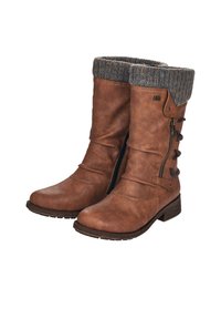 Bottes marron mi-mollet avec poignets en tricot gris, fermeture éclair latérale, boucles décoratives et talons bas empilés, conçues pour un port décontracté en hiver.