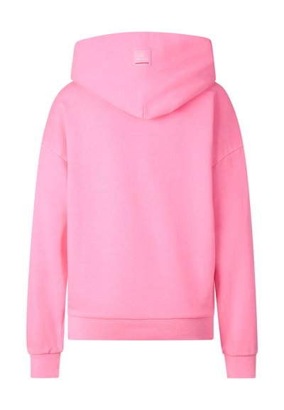 Sweat à capuche rose avec manches longues, poignets côtelés et un petit patch carré avec logo au dos de la capuche.