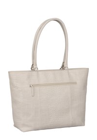 Sac tote beige avec texture crocodile, doubles poignées et poche zippée à l'avant. Matériau lisse et forme rectangulaire structurée.