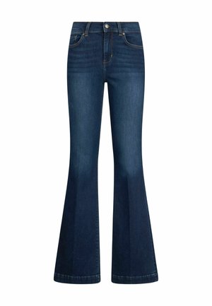 Temno modri razširjeni jeans iz denima z visokim pasom, petimi žepi, vidno šivanjem in rahlim zbledelostjo na stegnih.