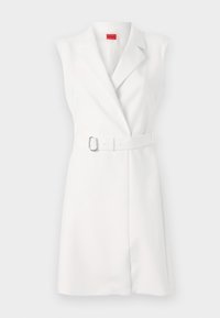 White sleeveless dress with a tailored design, lapel collar, and a matching belt featuring a silver buckle. Smooth texture, knee-length.