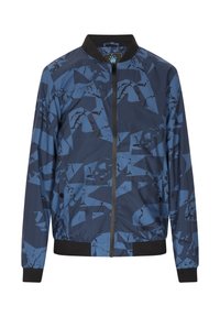 Marine bomberjack met een geometrisch blauw patroon, zwarte kraag en manchetten, met een ritsluiting en twee zijzakken.