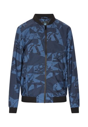 Marine bomberjack met een geometrisch blauw patroon, zwarte kraag en manchetten, met een ritsluiting en twee zijzakken.