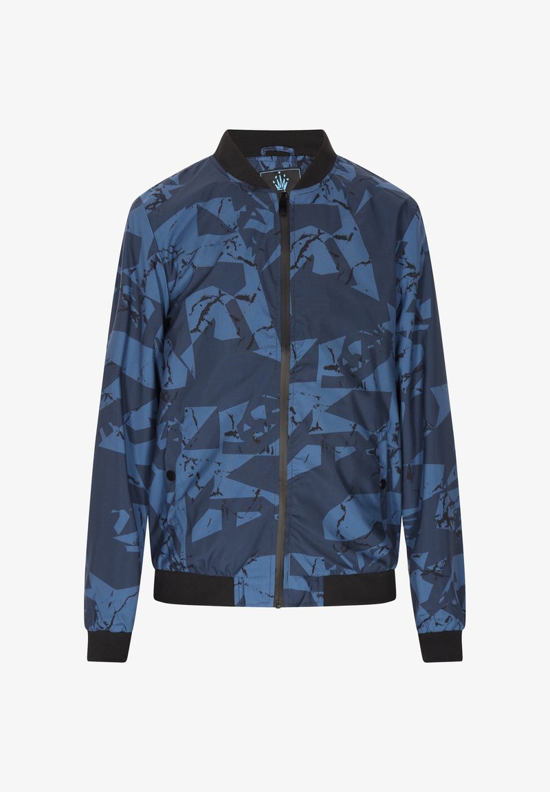 Marine bomberjack met een geometrisch blauw patroon, zwarte kraag en manchetten, met een ritsluiting en twee zijzakken.