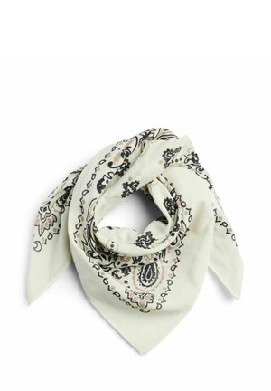 Square silk scarf in light green with black floral paisley patterns, featuring soft texture and pointed ends, ideal for versatile styling.