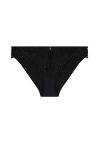Sous-vêtements noirs avec une ceinture en dentelle ornée d'un design festonné. Tissu lisse avec un accent doré au centre avant.