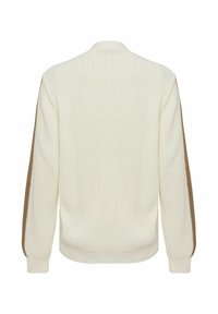 Chunky gebreide cardigan in cremewit met een textuurpatroon. Lange mouwen hebben bruine accenten langs de zijkanten. Ribgebreide manchetten en zoom.
