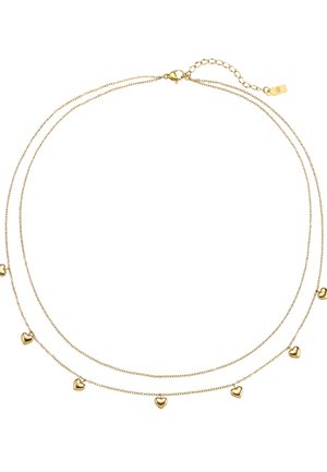 Delicate double-layer gold chain necklace with small heart-shaped pendants evenly spaced on the lower chain and a lobster clasp closure.