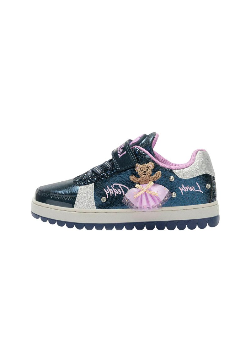Sneakers blu navale con un accento argento scintillante. Presentano un design con orso e tutù rosa, cinturino in velcro e suola in gomma antiscivolo.
