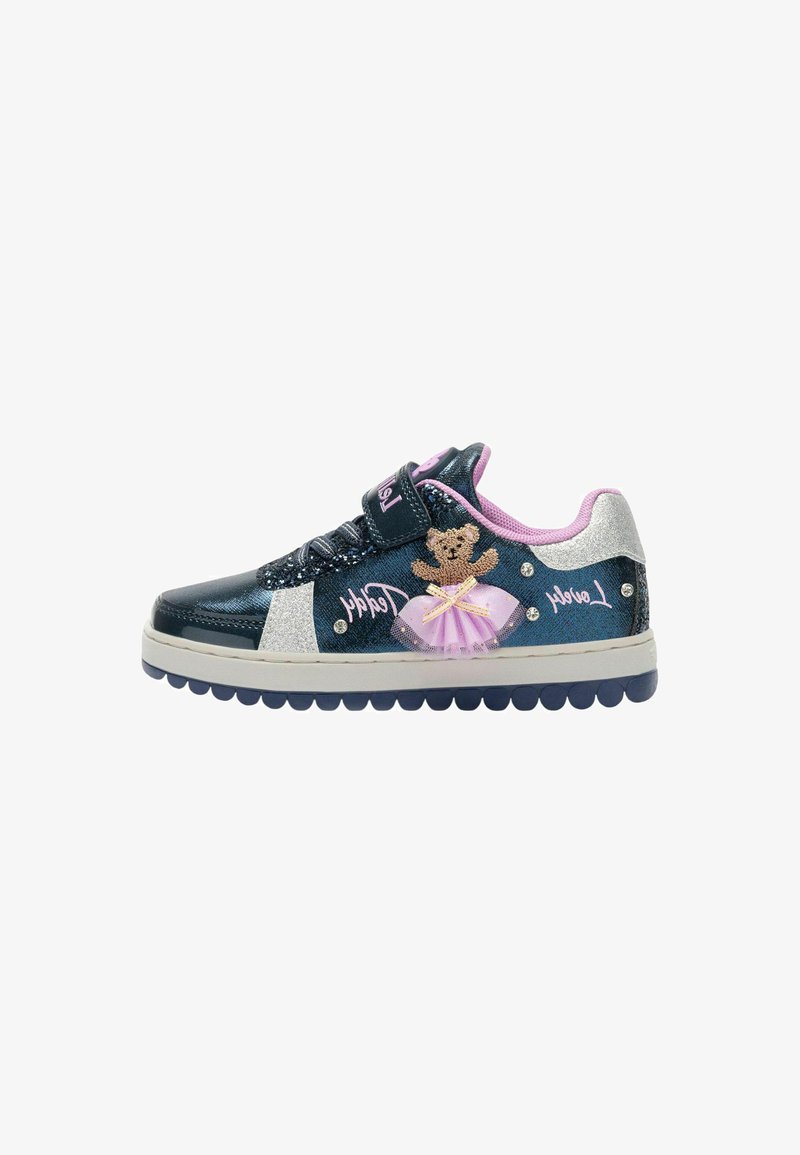 Sneakers blu navale con un accento argento scintillante. Presentano un design con orso e tutù rosa, cinturino in velcro e suola in gomma antiscivolo.