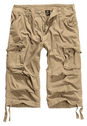 Shorts cargo beiges en mélange de coton. Comprend plusieurs poches, une fermeture à pression et des cordons de serrage réglables à l'ourlet.