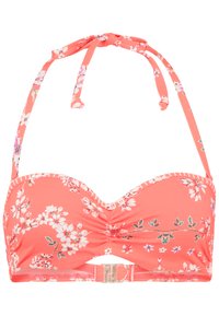 Korallfarget blomstermønster bikini-topp med justerbare knytinger, polstrede kopper og en spenne-lukking. Har en rynket midtseksjon og hvite detaljer.