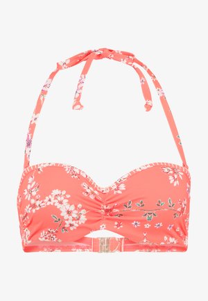 Koraļļu ziedu bikini top ar regulējamiem saitēm, polsterētām kausiem un aizdari. Iezīmēts ar sakrustotu centru un baltām apdarelementiem.