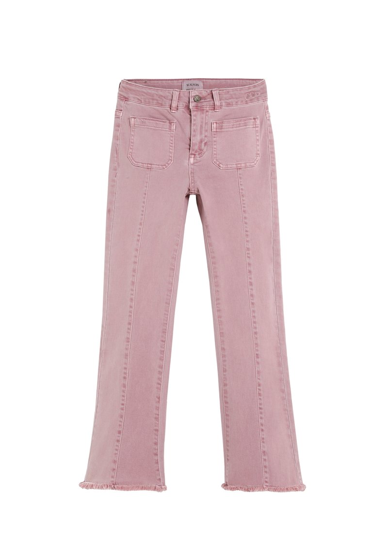 Jeans de mezclilla rosa con bolsillos frontales, cierre de botón, piernas rectas y bordes deshilachados.