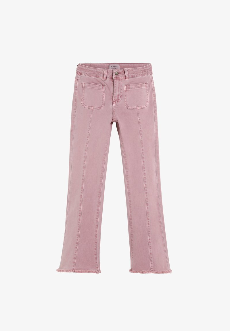 Jean en denim rose avec poches plaquées à l'avant, fermeture à bouton, jambes droites et bords effilochés.