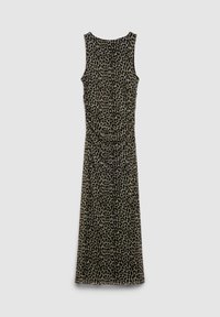 Kleid mit Animal-Print in Beige und Schwarz, ärmellos, mit gerader Silhouette und gerafften Details entlang der Seitennaht. Weiche Textur.