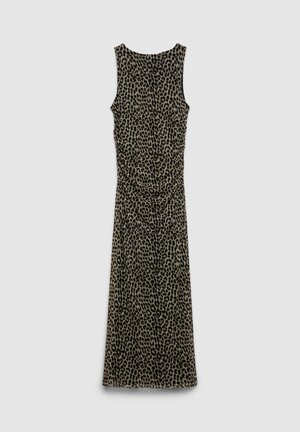 Abito animalier beige e nero, senza maniche, con silhouette dritta e dettagli arricciati lungo la cucitura laterale. Tessuto morbido.