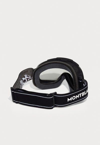 Lunettes de ski noires avec une monture flexible, doublure intérieure blanche comportant un motif discret et une sangle ajustable avec le logo "MONTBLANC".