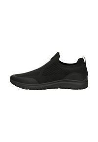 Black slip-on shoes with mesh upper, textured panels, and rubber sole. Features a rounded toe and pull tab at the heel for easy wear.