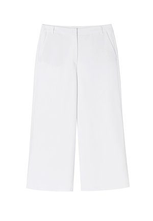 Weißer, weit geschnittener Hosen mit einer glatten Textur, ausgestattet mit zwei vorderen Taschen und einem taillierten Bund. Einfaches, sauberes Design ohne Verzierungen.