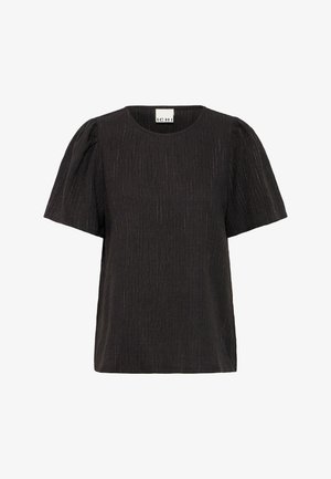 Czarny krótki top z krótkim rękawem, z okrągłym dekoltem, wykonany z fakturowanej tkaniny z delikatnymi pionowymi paskami i bufkami na rękawach.