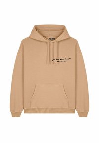Felpa beige con tasca frontale e cappuccio con cordino. Presenta una grafica in testo nero nella zona sinistra del petto. Tessuto morbido e vestibilità normale.