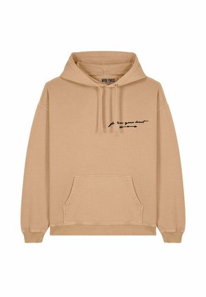 Felpa beige con tasca frontale e cappuccio con cordino. Presenta una grafica in testo nero nella zona sinistra del petto. Tessuto morbido e vestibilità normale.