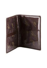Portafoglio in pelle marrone con una finitura texturizzata, dotato di più slot per carte trasparenti e di una fodera decorata con dettagli dorati.