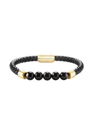 Bracciale intrecciato in pelle nera con cinque perle nere e chiusura magnetica in oro con dettagli, su sfondo bianco.