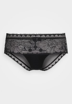 Black lace underwear featuring floral design, a bow accent at the waist, and mesh texture with scalloped edges.