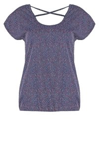 Blusa corta de manga corta en azul marino con un pequeño patrón de puntos blancos y rosas, escote redondeado y tirantes entrecruzados en la parte posterior.
