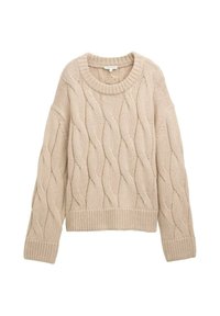 Pull en maille beige avec col rond, manches longues et ourlet côtelé ; présente un motif torsadé sur le corps pour ajouter de la texture.