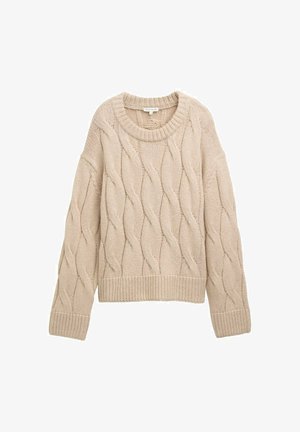 Beige Kabelstrickpullover mit Rundhalsausschnitt, langen Ärmeln und geripptem Saum; weist ein sich drehendes Muster über den Körper auf, das für Textur sorgt.