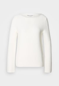 Pull en maille blanc à manches longues avec col rond et coupe slim, présenté sur un fond gris neutre.
