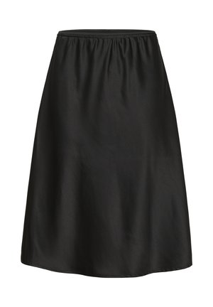 Jupe A-line noire en tissu lisse avec une taille élastique. Ourlet légèrement incurvé, sans motifs ni accents visibles.