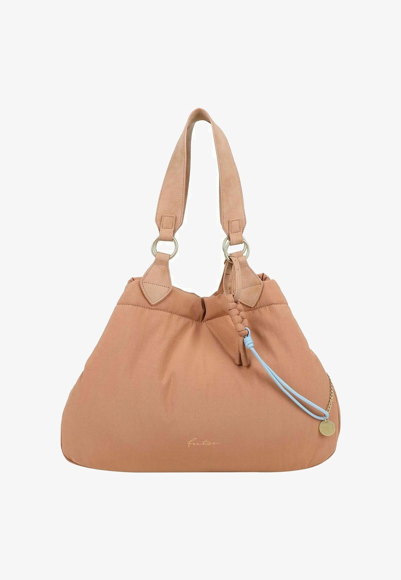 Grande borsa pesco morbida con apertura arricciata, base piatta, manici beige, dettagli metallici e cordoncino blu intrecciato per la chiusura.