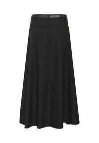 Jupe noire en A réalisée en tissu lisse, présentant un design au genou, une taille discrète et des plis subtils pour plus de volume.