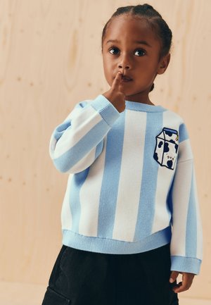 Junges Kind mit geflochtenem Haar, das einen blau-weiß gestreiften Pullover mit einem Milchpackungs-Motiv trägt und einen Finger an die Lippen hält.